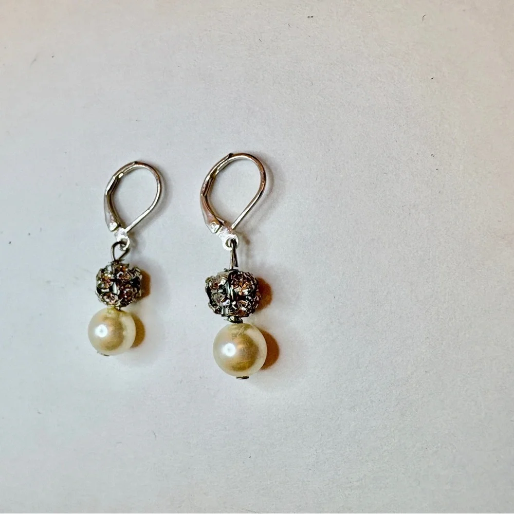 Elegant Silver and Pearl Drop Earrings, faux pearl, handmade, 1.5